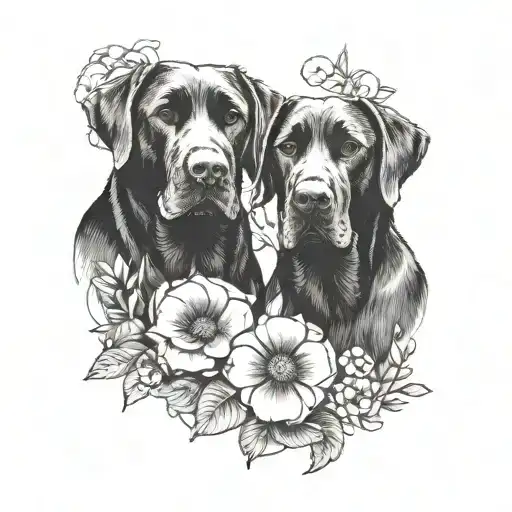 2 Black Labs with flowers surrounding tattoo design idea