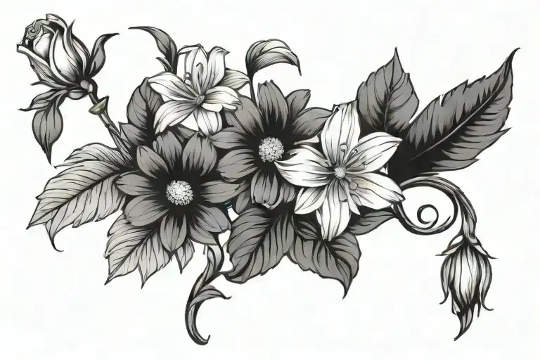 daisy flower lily flower crissanthemum flower and rose on a vine minimalistic tattoo design idea