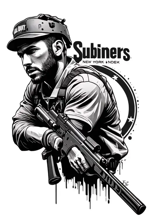 Create a portrait of a professional Call of Duty player in action, with the New York Subliners logo in the background tattoo design idea