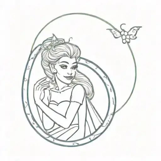 simple lineal tattoo of ariana grande as glinda in wicked inside a bubble in an old book ilustrations style tattoo design idea