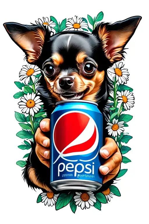 A Chihuahua holding a Diet Pepsi can surrounded by gerbera daisies tattoo design idea