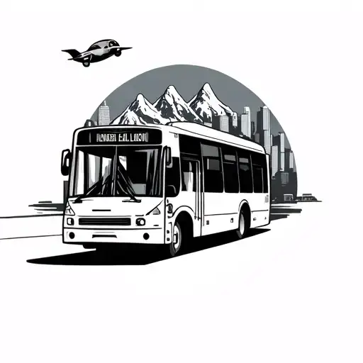 city with mountains in the background and a bald egal landing on the bus driving through the city  tattoo design idea