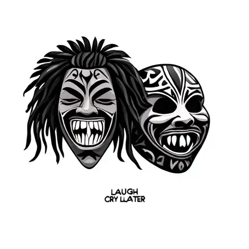 laugh now cry later mask with African tribal mask tattoo design idea