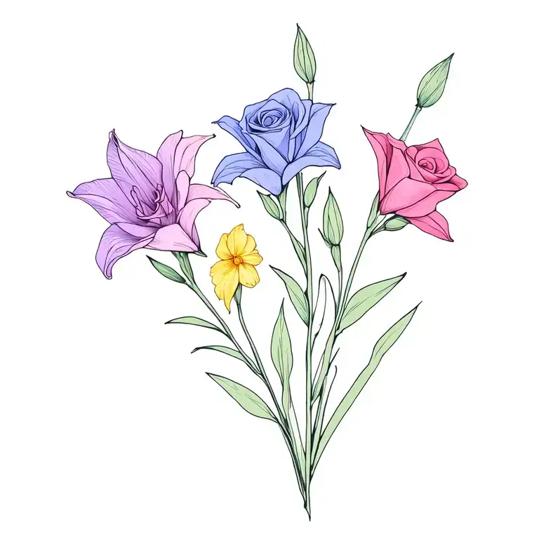 dainty bouquet of a single gladiolus, a single rose, a single daffodil, and sweet pea colors like purples pinks blues tattoo design idea