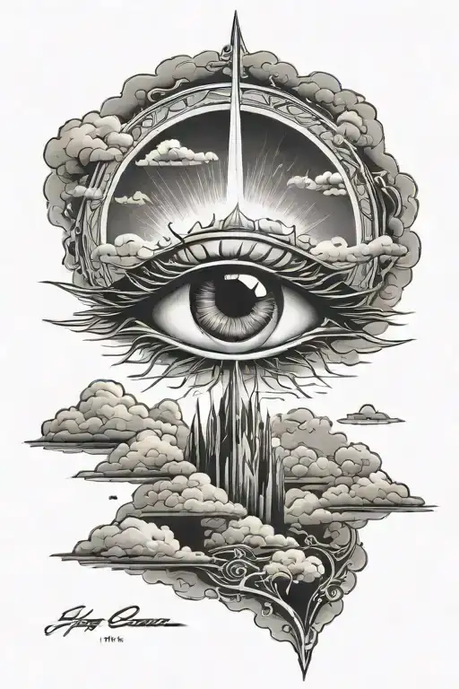 eye of sauron with clouds around it tattoo design idea