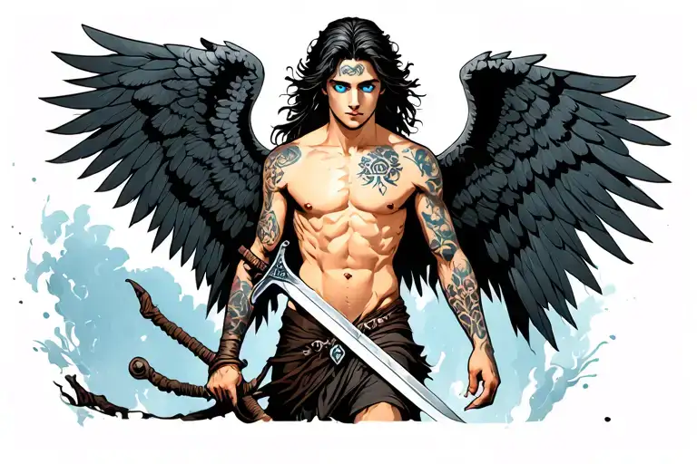 Warrior angel with blue eyes and naked torso with sword, walking tattoo design idea