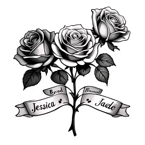 three rose on one stem, three dominos on the bottom scrolls under each rose saying Brad, Jessica and Jade tattoo design idea