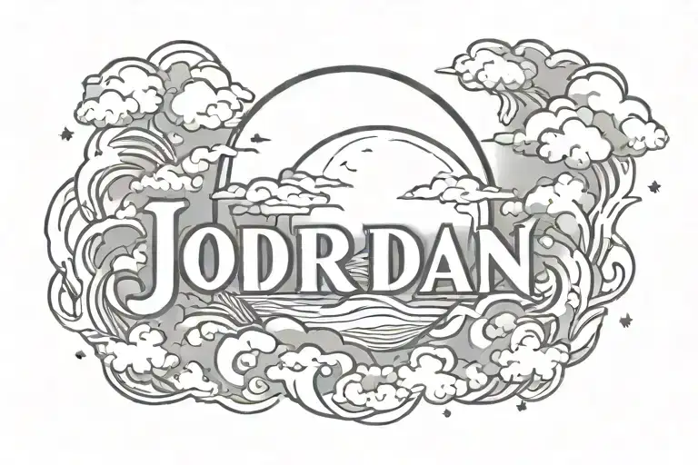 name Jordan with clouds and moon surrounded tattoo design idea