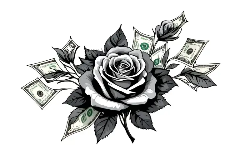 roses, black grey tattoo money and spider webs tattoo design idea