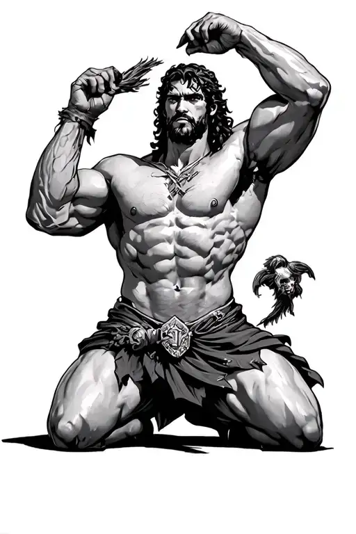 1. Samson (Lower to Mid Quad)•	Still the powerful centerpiece, kneeling with arms stretched to each side, straining to  tattoo design idea