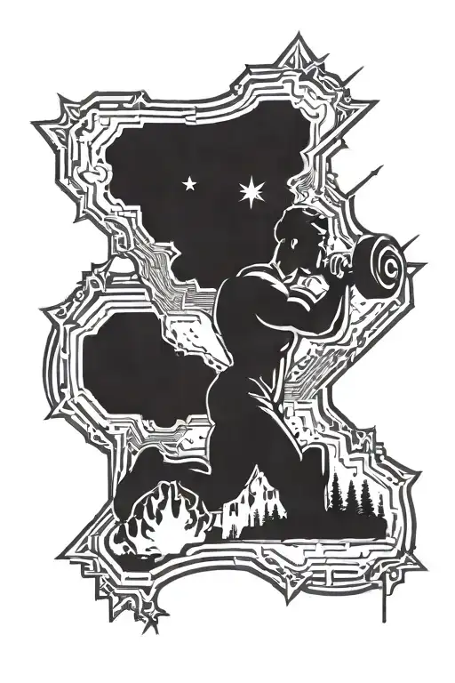 A tattoo of a campfire under the Orion nebula with a silhouette of a powerlifter lifting weights in the background tattoo design idea