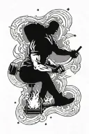 A tattoo of a campfire under the Orion nebula with a silhouette of a powerlifter lifting weights in the background tattoo design idea