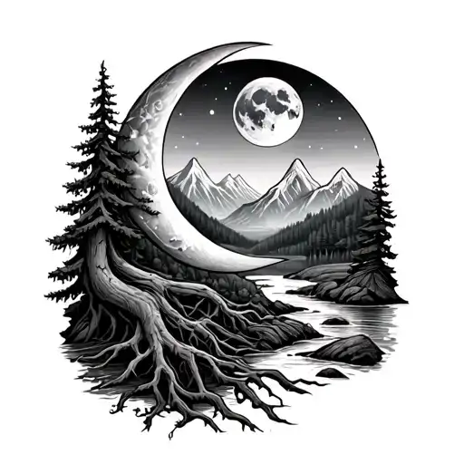crescent moon and mountains and pine trees and creek and Yggdrasil with long roots tattoo design idea