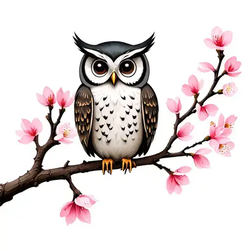 cute owl on a cherry blossom branch  tattoo design idea