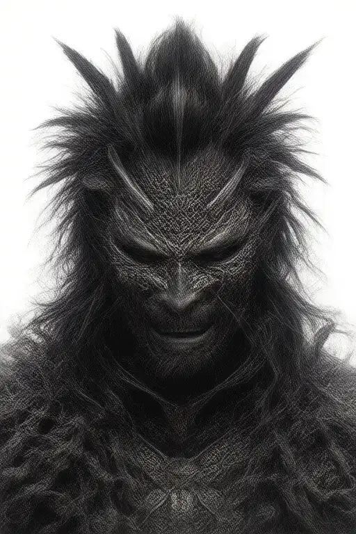 samurai warrior Miyamoto Musashi in Japanese style oni mask tattoo design idea