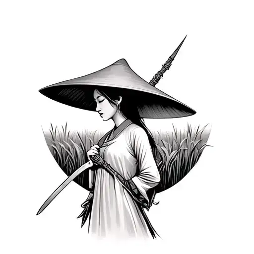Vietnamese woman in profile with pointed hat in long dress and saber in hand in rice rice at sunset tattoo design idea