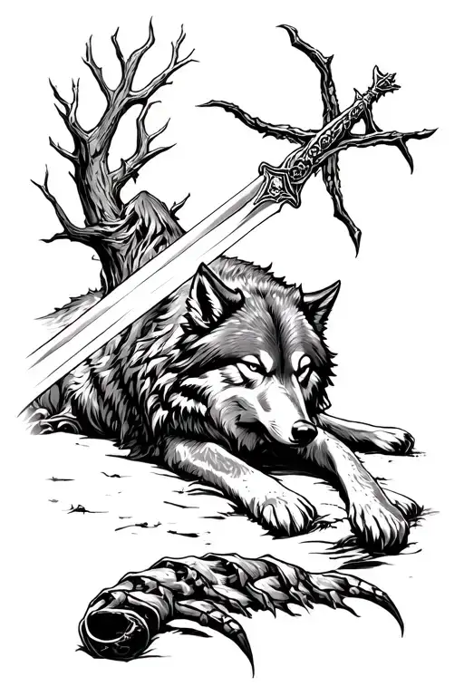 Wolf lying down,long claw sword (Game of Thrones),The White Tree of Gondor,A Red Dead Redemption sheriff's star i tattoo design idea