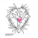 A cross with a heart and a dove. The words “I prayed and God sent me you: Kiyomi Kadijatu 20.01.2021 04:19am tattoo design idea