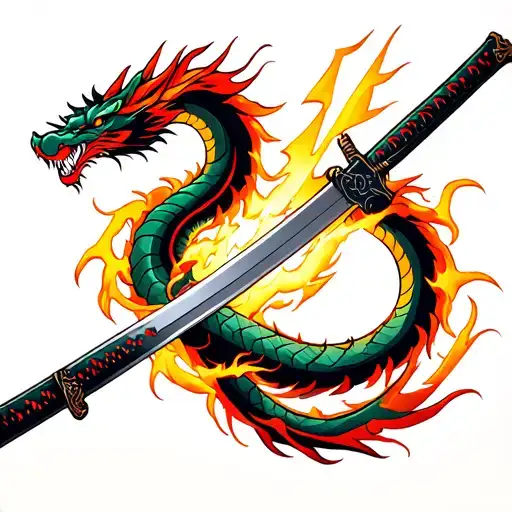 Japanese katana with a lightning dragon inside the katana tattoo design idea