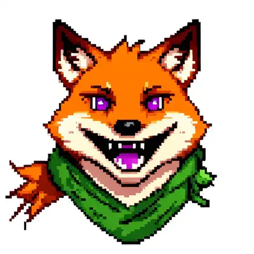 fox head in pixel art style, purple eyes, green scarf, smile and sharp teeth. tattoo design idea