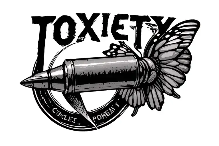 The word toxicity as the Hollywood sign with a bullet with butterfly wings and the circle from the band a perfect circle tattoo design idea