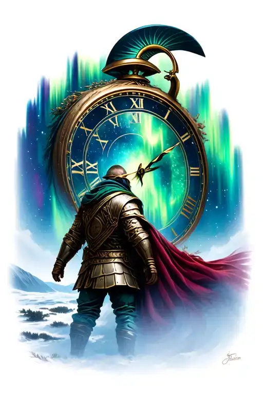 aurora borealis with nature background to spartan leader with time passing to time to his son with clock tattoo design idea