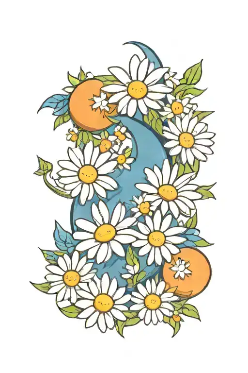 white daisys and blue crescent moon  tattoo design idea
