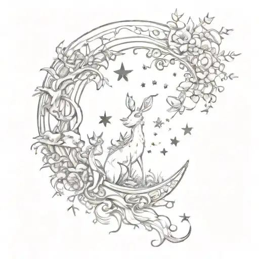 A sketch-style tattoo of an enchanting scene with animals and fairies under a crescent moon, capturing the essence of féérie and lune tattoo design idea