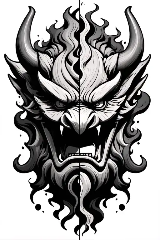 half wooden demon oni mask split with smoke rising from behind it tattoo design idea