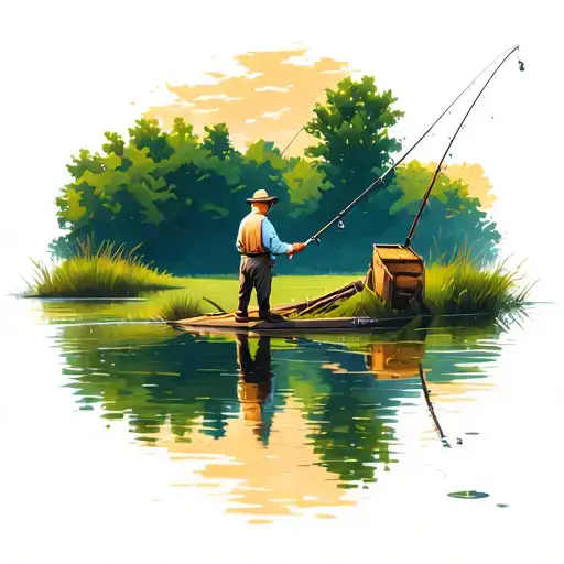 kid fishing next to a pond with his grandfather reflecting into the pond tattoo design idea