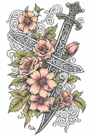 vine and flowers sword with quote 'give yourself a reason' tattoo design idea