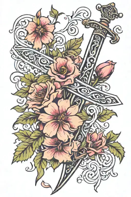 vine and flowers sword with quote 'give yourself a reason' tattoo design idea