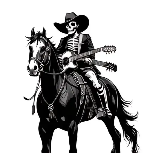 skeleton cowboy riding a horse with a guitar tattoo design idea