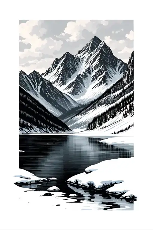 frozen lake surrounded by mountains tattoo design idea