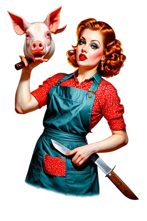 pin up girl wearing a butchers apron with a butchers knife in one hand and a pigs head in the other tattoo design idea
