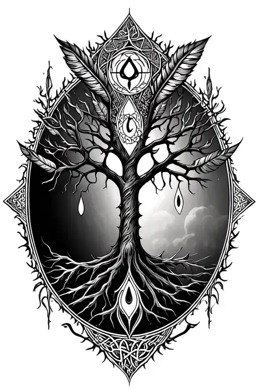 tree of life, celtic runes othala fehu eiwaz uruz and ansuz, wicca master, feathers of destiny, lucifer's tear, tattoo design idea