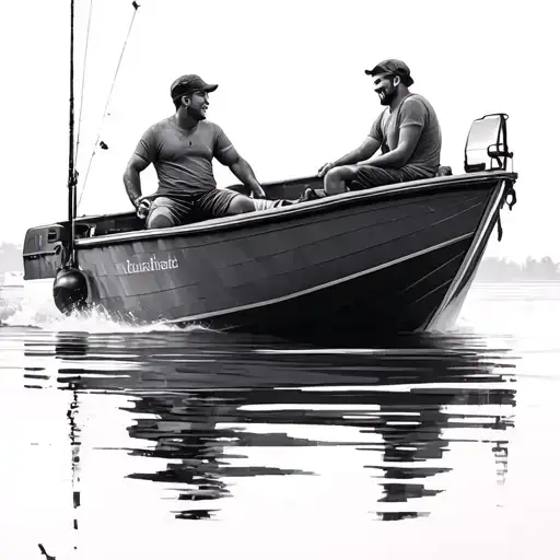 Prompt:Photorealistic, cinematic photography of a father and son sitting in a large motorized fishing boat on a calm la tattoo design idea