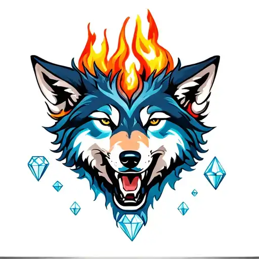 fire and water wolf and diamonds tattoo design idea
