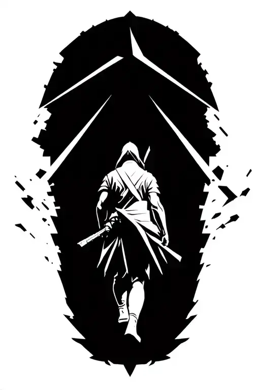 an anthropomorphic japanese rock warrior walking through chaos and destruction towards contentment. seen from behind tattoo design idea