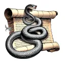 a scroll with ancient text on it with a snake wrapped around it shedding its skin tattoo design idea