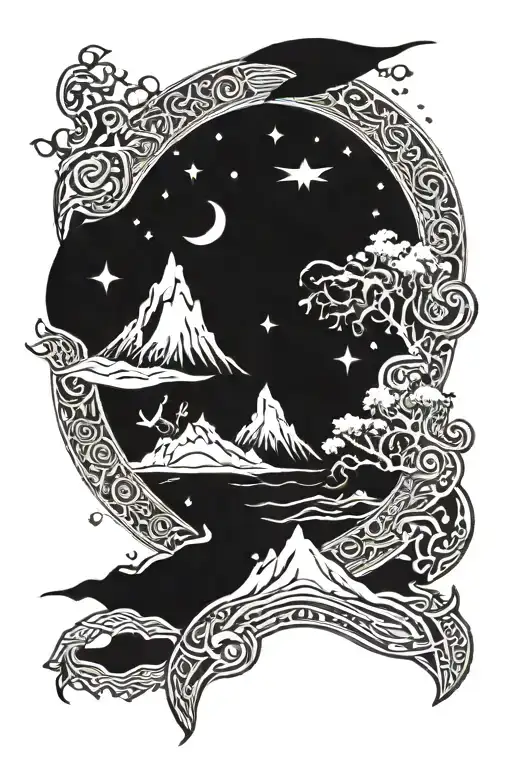 norse sea creature runic druidic nature abstract cosmic ocean mountain landscape tattoo design idea