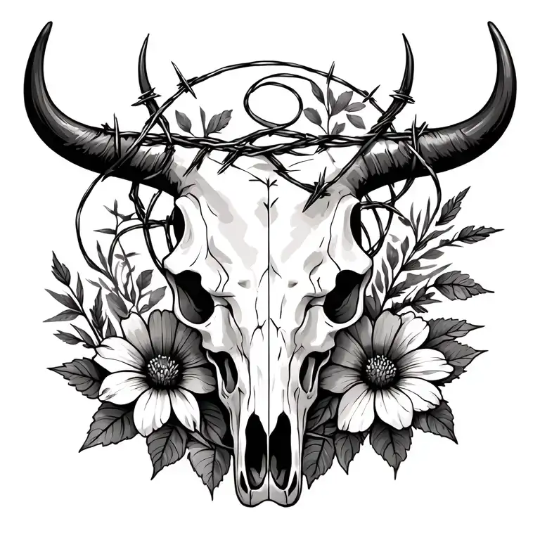 Bull Skull With Barbed Wire desert flowers tattoo design idea