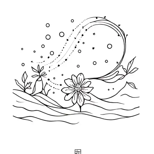 Aquarius elements inspired design featuring waves crashing with snow fall flower ang its constellation  tattoo design idea