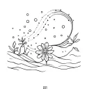 Aquarius elements inspired design featuring waves crashing with snow fall flower ang its constellation  tattoo design idea