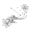 Aquarius elements inspired design featuring waves crashing with snow fall flower ang its constellation  tattoo design idea