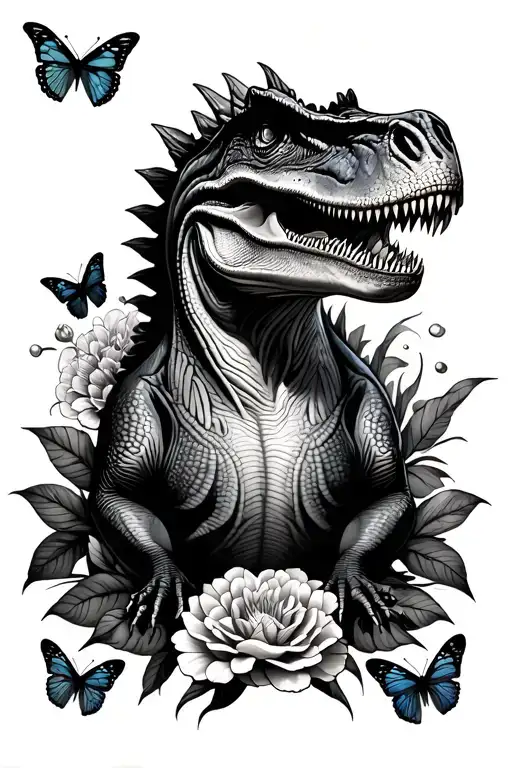 mens full sleeve tattoo with a dinosaur, flowers and butterflies tattoo design idea
