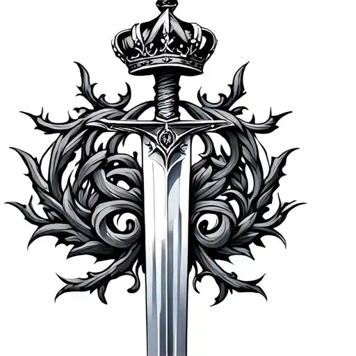 sword and crown with filigree vine intertwined tattoo design idea