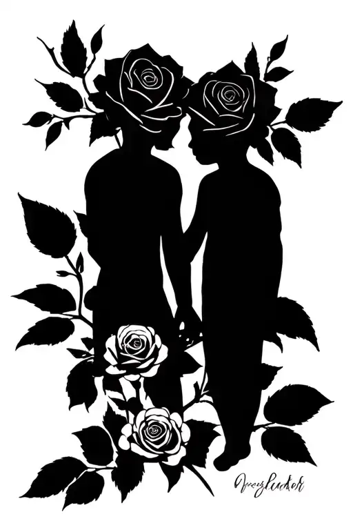 rose intertwined dad two sons silhouette holding hands  tattoo design idea