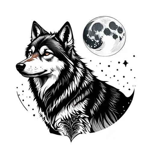 Wolf looking at the moon nostalgically tattoo design idea