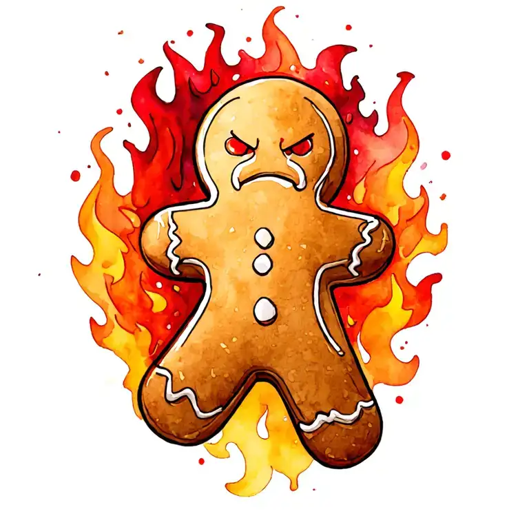 angry gingerbread man with flames tattoo design idea
